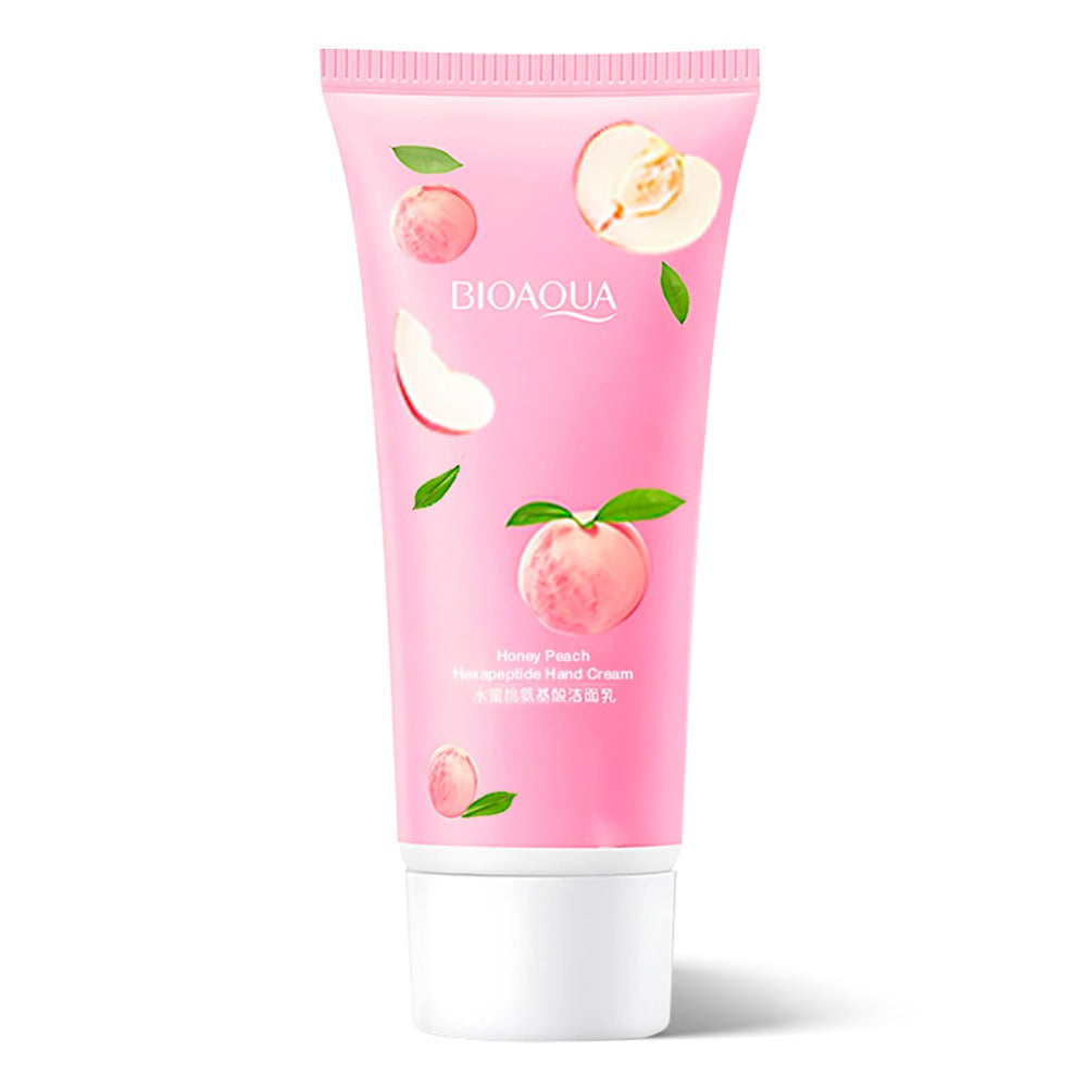 Bioaqua peach hand cream tube on a white background