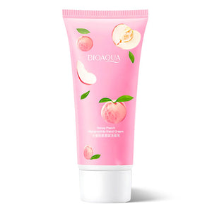 Bioaqua peach hand cream tube on a white background