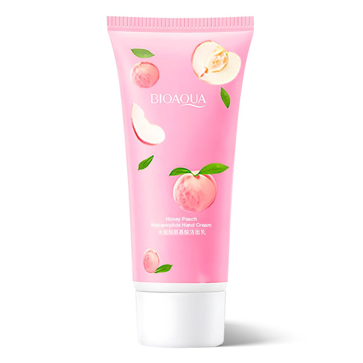 Bioaqua peach hand cream tube on a white background