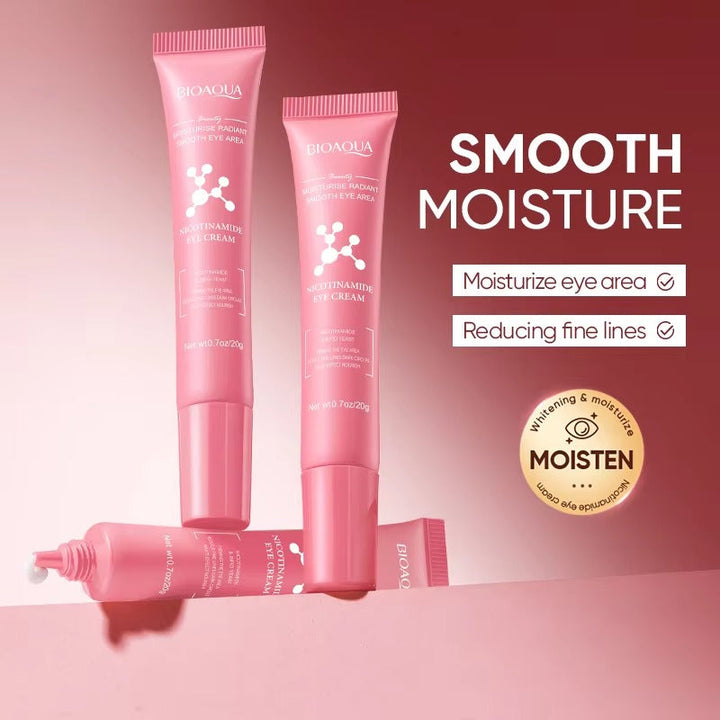 Bioaqua eye cream set on a pink background with 'Smooth Moisture' text.