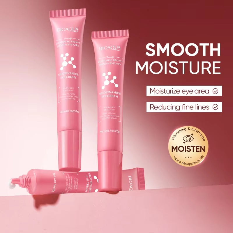Bioaqua eye cream set on a pink background with 'Smooth Moisture' text.