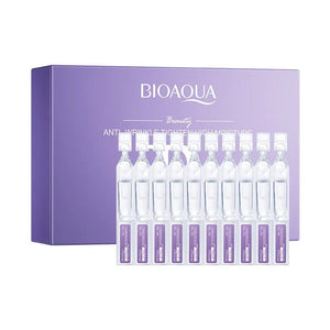BIOAQUA skincare product set with ampoules and packaging on a white background