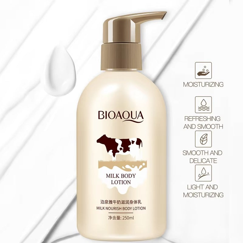 Bioaqua milk body lotion bottle on a white background