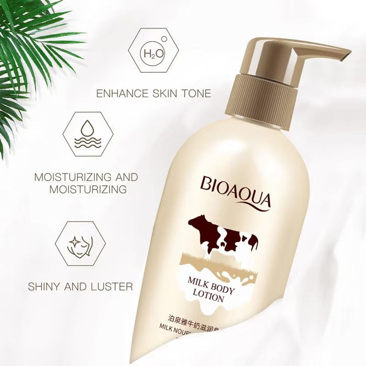 Bioaqua milk body lotion bottle with text on a white background