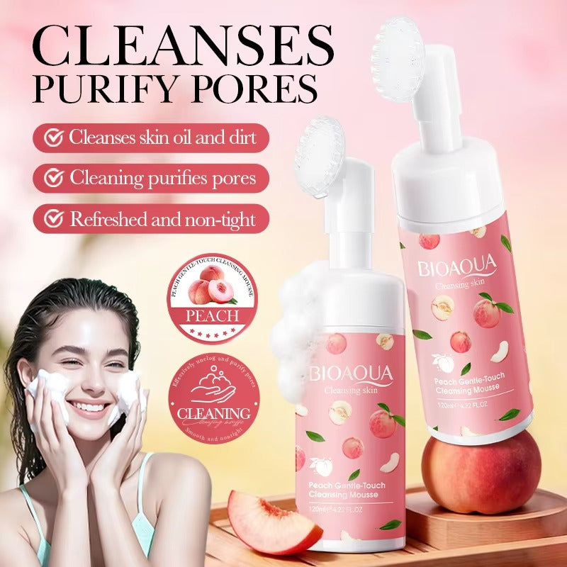 BIOAQUA Peach Skin Touch Cleansing Mousse with a woman applying it, on a pink background.
