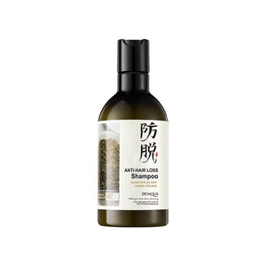 Bottle of anti-hair loss shampoo with a white label on a white background