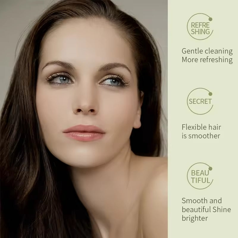 Woman with long brown hair and a neutral expression, with text on the side describing hair care benefits.