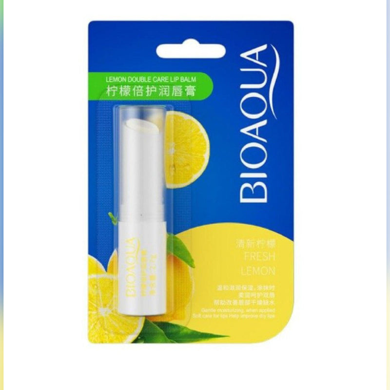 BIOAQUA Moisturizing Fresh Lemon Lip Balm in a white twist-up stick tube, packaged on a blue and yellow card with lemon graphics.