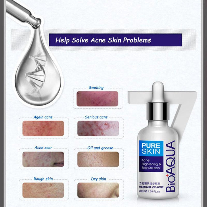 BioAqua Pure Skin serum bottle with skin condition illustrations on a white background