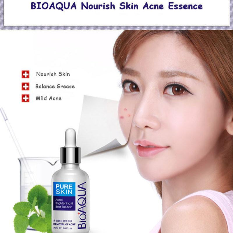 BIOAQUA Nourish Skin Acne Essence with a model's face and product bottle.