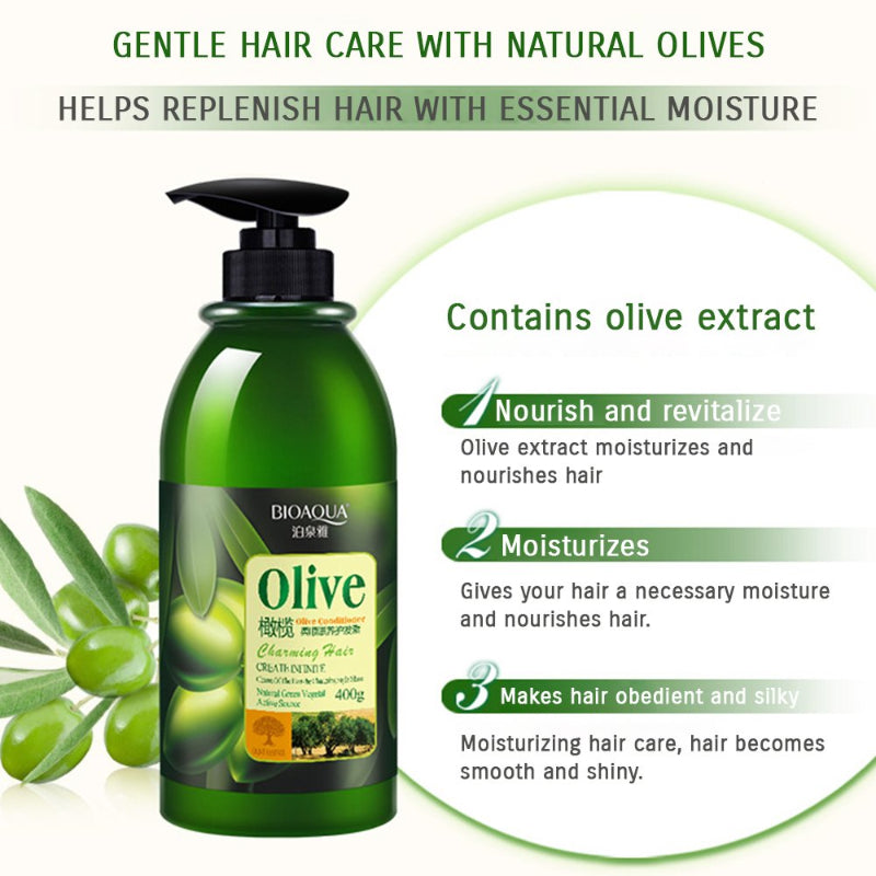 Green bottle of olive-based hair care product with text on a white background
